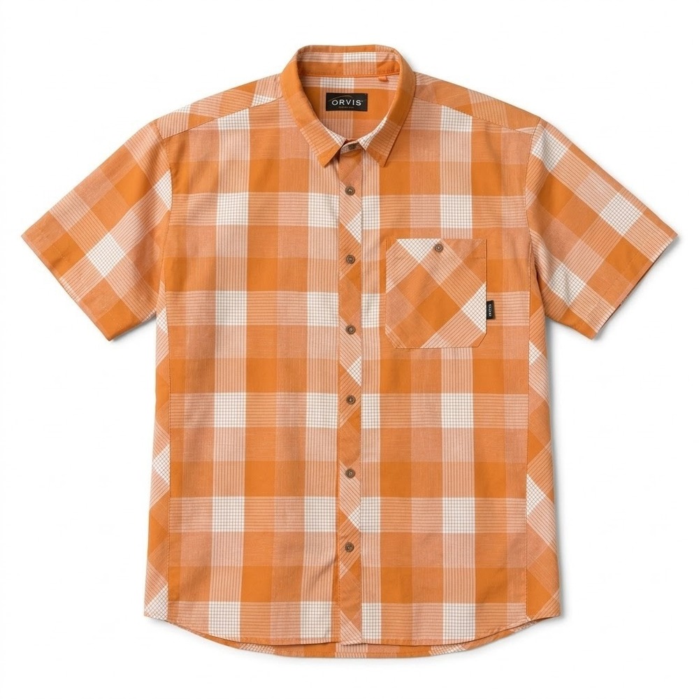 Orvis Men's Orange White Tech Performance Plaid Short Sleeve Button-Up Shirt XXL